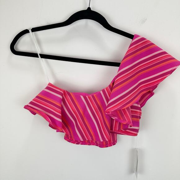 Trina Turk Marai Swim Top One Shoulder Ruffle Pink Striped Padded Beach US 4 NWT - Picture 4 of 10